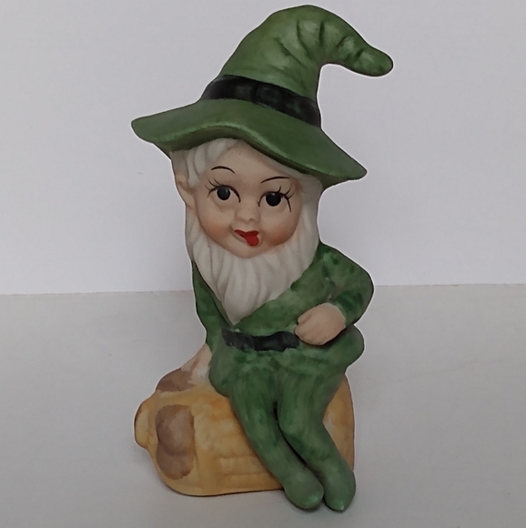 Vintage Ceramic Leprechaun Pixie Elf in Green Figurine Sitting on Barrel - Picture 1 of 9